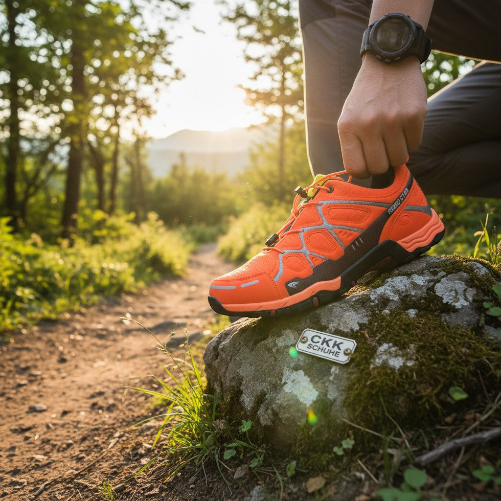 CKK SCHUHE leuchtend orange Wanderschuhe mit Schnürung und atmungsaktivem Mesh-Obermaterial, ideal für Trekking.
