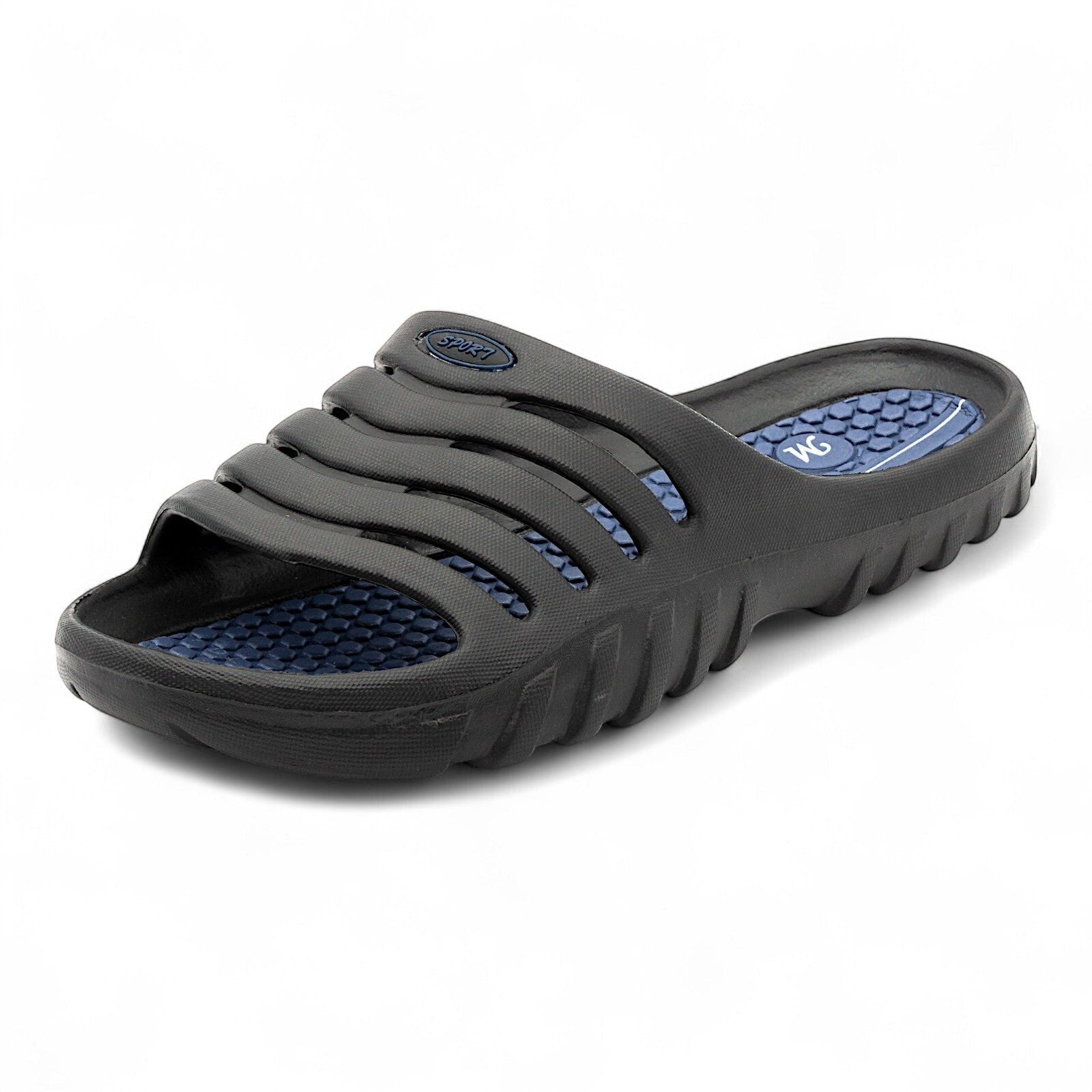 CKK SCHUHE schwarze Herren Badeschuhe mit blauem Fußbett-Akzent und ergonomischer Passform.