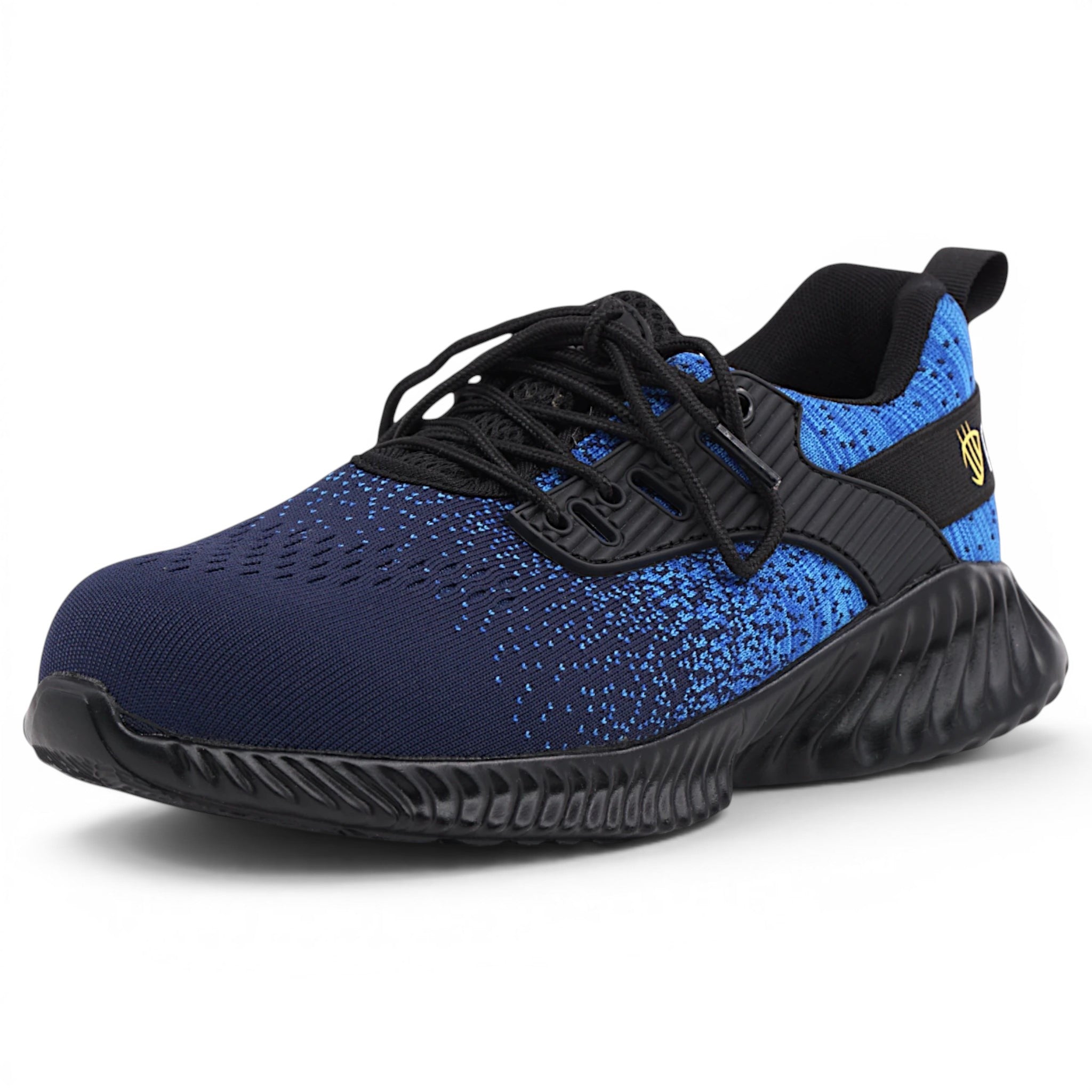 CKK SCHUHE sportlicher Herren Sicherheitsschuh S1 in Schwarz mit blauem Grafik-Details und Stahlkappe.