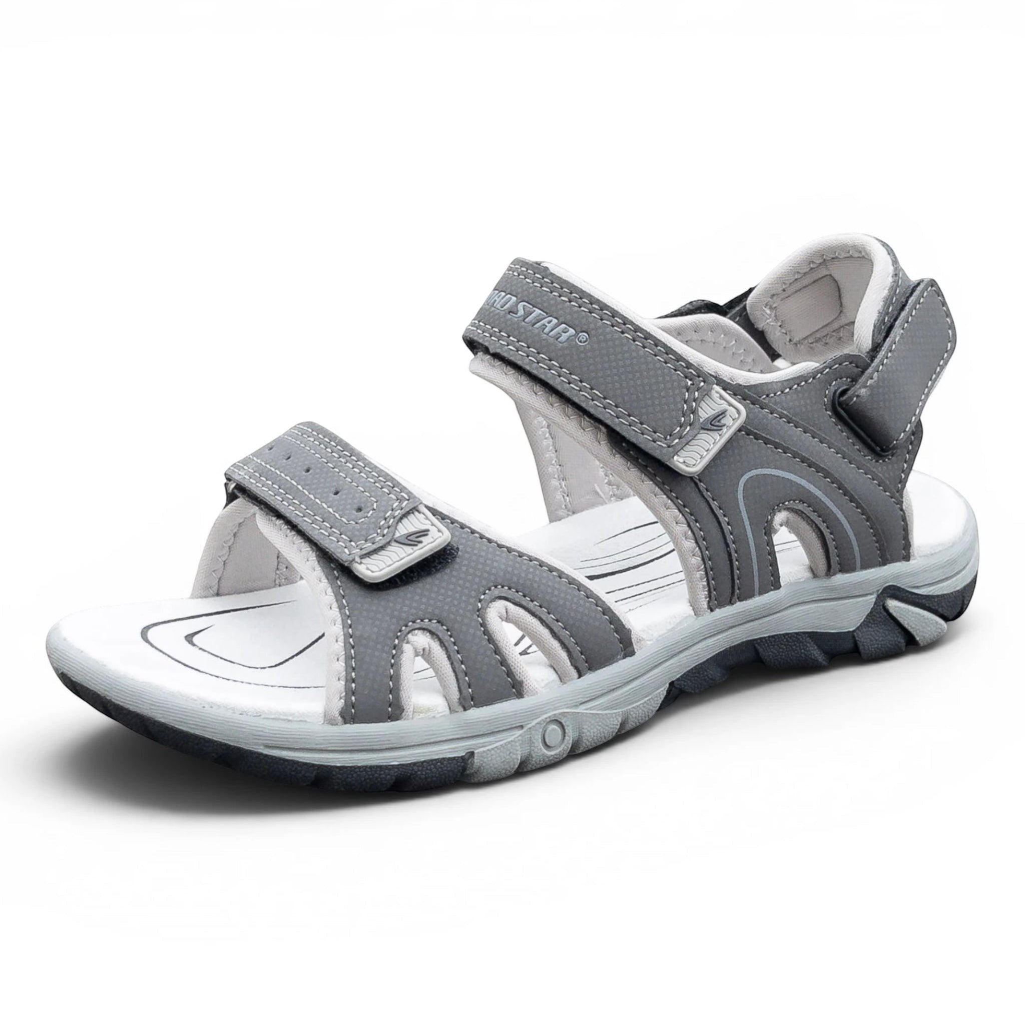Graue CKK Trekking Sandalen für Damen und Herren mit Klettverschluss, verstellbaren Riemen und robuster Profilsohle. Geeignet für Freizeit, Alltag und Outdoor.